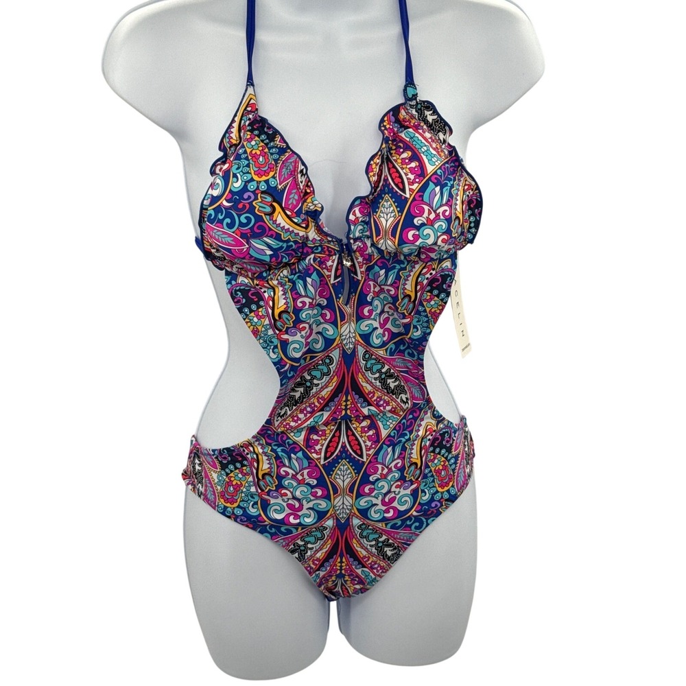 Cacelin Womens Paisley Monokini Cutout One Piece Swimsuit Ruffle Blue Pink Small